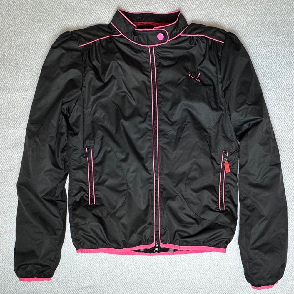 Puma Windbreaker Jacket Puff Shoulder Retro Golf Black & Hot Pink, Size XS